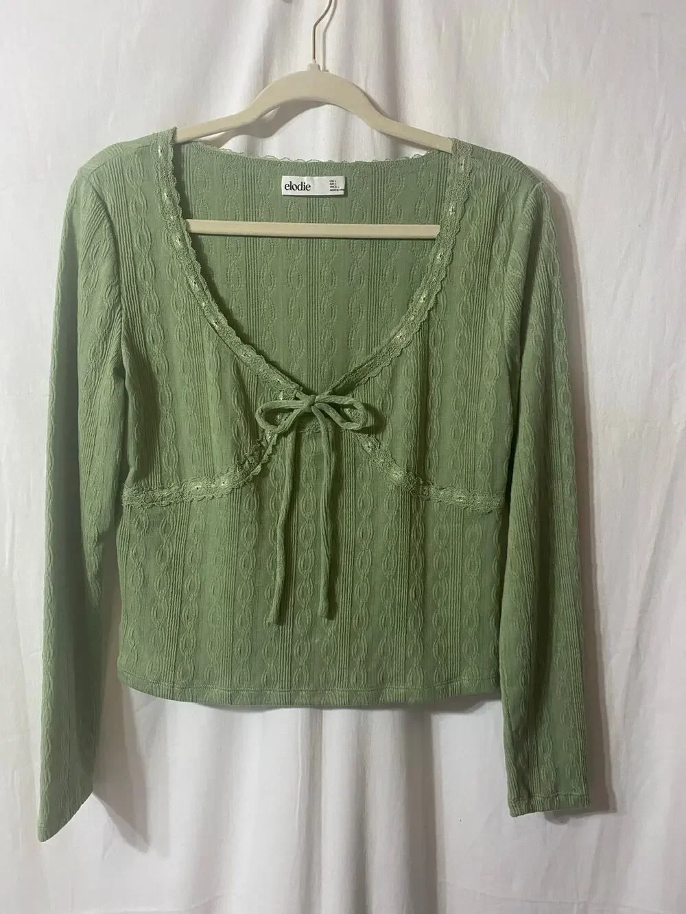 Anthropologie Elodie Sage Green Babydoll Bow Lace Cropped Top Large Y2K